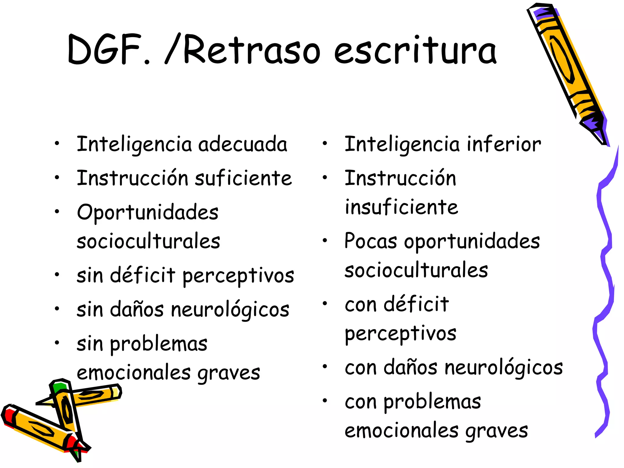 DGF. /Retraso escritura Inteligencia adecuada Instrucción suficiente Oportunidades socioculturales sin déficit perceptivos sin daños neurológicos  sin problemas emocionales graves Inteligencia inferior Instrucción insuficiente Pocas oportunidades socioculturales con déficit perceptivos con daños neurológicos  con problemas emocionales graves 