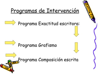 Programas de Intervención <ul><li>Programa Exactitud escritora:  </li></ul><ul><li>Programa Grafismo </li></ul><ul><li>Pro...