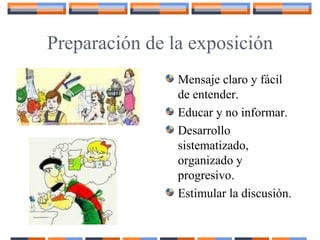 Preparación de la exposición
Mensaje claro y fácil
de entender.
Educar y no informar.
Desarrollo
sistematizado,
organizado y
progresivo.
Estimular la discusión.
 