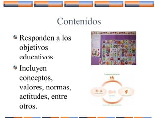 Contenidos
Responden a los
objetivos
educativos.
Incluyen
conceptos,
valores, normas,
actitudes, entre
otros.
 