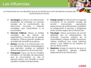 LOGO
Las influencias:
 Sociología: le ofrece a la intervención
posibilidad de entender los proceso
sociales de la conformación de
estructuras, funciones y sistemas
complejos que caracterizan a la
humanidad.
 Ciencias Políticas: ofrece un análisis
complejo de las formas de
organización y función de los estado
modernos. Ofrece posición análisis en
el análisis de las políticas publicas.
 Historia: vincula a la intervención con
los elementos teóricos-metodológicos
que permiten analizar la realidad
desde la perspectiva de la evolución.
 Pedagogía: hace uso de los modelos
formales y no formales de educación
que se circunscriben no solo al
espacio áulico, sino también a todos
aquellos modelos extraescolares.
 Trabajo social: la intervención ha logrado
incursionar en los ámbitos sociales de
acción comunitaria, generando
expectativas de participación, posibilitan
la reasignación e recursos y programas
entre actores objeto de la intervención.
 Psicología: ofrece escenarios de acción
definidos por la interpretación de
actitudes humanas propias de la
racionalidad. Integra análisis situacional,
valores analíticos que cada individuo
posee y que refleja en los ámbitos en
que se desenvuelve.
 Medicina: otorga la creencia de que un
buen diagnostico genera amplias
expectativas a la intervención.
La intervención es una disciplina que se ha tenido que nutrir de distintos campos del
conocimiento humano.:
 