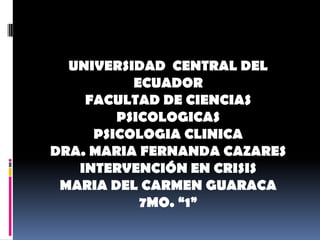 UNIVERSIDAD CENTRAL DEL
          ECUADOR
    FACULTAD DE CIENCIAS
        PSICOLOGICAS
     PSICOLOGIA CLINICA
DRA. MARIA FERNANDA CAZARES
   INTERVENCIÓN EN CRISIS
 MARIA DEL CARMEN GUARACA
           7MO. “1”
 