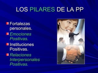 LOSLOS PILARESPILARES DE LA PPDE LA PP
FortalezasFortalezas
personales.personales.
EmocionesEmociones
Positivas.Positivas.
InstitucionesInstituciones
Positivas.Positivas.
RelacionesRelaciones
InterpersonalesInterpersonales
Positivas.Positivas.
 