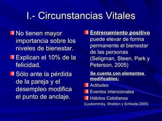I.- Circunstancias VitalesI.- Circunstancias Vitales
No tienen mayorNo tienen mayor
importancia sobre losimportancia sobre los
niveles de bienestar.niveles de bienestar.
Explican el 10% de laExplican el 10% de la
felicidad.felicidad.
Sólo ante la pérdidaSólo ante la pérdida
de la pareja y elde la pareja y el
desempleo modificadesempleo modifica
el punto de anclaje.el punto de anclaje.
Entrenamiento positivoEntrenamiento positivo
puede elevar de formapuede elevar de forma
permanente el bienestarpermanente el bienestar
de las personasde las personas
(Seligman, Steen, Park y(Seligman, Steen, Park y
Peterson, 2005)Peterson, 2005)
Se cuenta con elementosSe cuenta con elementos
modificables:modificables:
ActitudesActitudes
Eventos IntencionalesEventos Intencionales
Hábitos CotidianosHábitos Cotidianos
(Lyubomirsky, Sheldon y Schkade,2005)(Lyubomirsky, Sheldon y Schkade,2005)
 