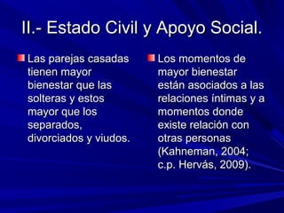 II.- Estado Civil y Apoyo Social.II.- Estado Civil y Apoyo Social.
Las parejas casadasLas parejas casadas
tienen mayortienen mayor
bienestar que lasbienestar que las
solteras y estossolteras y estos
mayor que losmayor que los
separados,separados,
divorciados y viudos.divorciados y viudos.
Los momentos deLos momentos de
mayor bienestarmayor bienestar
están asociados a lasestán asociados a las
relaciones íntimas y arelaciones íntimas y a
momentos dondemomentos donde
existe relación conexiste relación con
otras personasotras personas
(Kahneman, 2004;(Kahneman, 2004;
c.p. Hervás, 2009).c.p. Hervás, 2009).
 