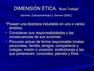 DIMENSIÓN ÉTICA.DIMENSIÓN ÉTICA. “Buen Trabajo”“Buen Trabajo”
Gardner, Csikszentmihalyi y Damon (2002).Gardner, Csikszentmihalyi y Damon (2002).
*Poseen una destreza indudable en uno o varios*Poseen una destreza indudable en uno o varios
ámbitos.ámbitos.
• Consideran sus responsabilidades y lasConsideran sus responsabilidades y las
consecuencias de sus acciones.consecuencias de sus acciones.
• Procuran actuar de forma responsable (metasProcuran actuar de forma responsable (metas
personales, familia, amigos, compañeros ypersonales, familia, amigos, compañeros y
colegas, misión o vocación, instituciones a lascolegas, misión o vocación, instituciones a las
que pertenecen, conocidos, planeta y Dios.que pertenecen, conocidos, planeta y Dios.
 