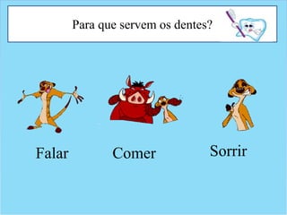 Para que servem os dentes?
Falar Comer Sorrir
 