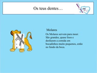Os teus dentes…
Os Molares servem para moer.
São grandes, quase lisos e
desfazem a comida em
bocadinhos muito pequenos, estão
no fundo da boca.
Molares
 