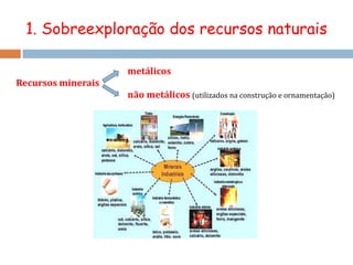 1. Sobreexploração dos recursos naturaisCombustíveis fósseis (petróleo, carvão e gás natural)Cerca de 75% da energia consumida a nível mundial provem dos combustíveis fósseis. 