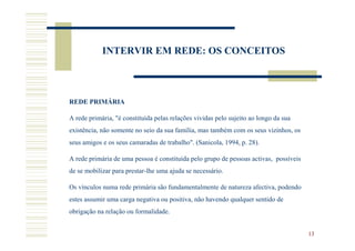 INTERVIR EM REDE: OS CONCEITOS



REDE PRIMÁRIA

A rede primária, "é constituída pelas relações vividas pelo sujeito ao longo da sua
existência, não somente no seio da sua família, mas também com os seus vizinhos, os
seus amigos e os seus camaradas de trabalho". (Sanicola, 1994, p. 28).

A rede primária de uma pessoa é constituída pelo grupo de pessoas activas, possíveis
de se mobilizar para prestar-lhe uma ajuda se necessário.

Os vínculos numa rede primária são fundamentalmente de natureza afectiva, podendo
estes assumir uma carga negativa ou positiva, não havendo qualquer sentido de
obrigação na relação ou formalidade.


                                                                                       13
 