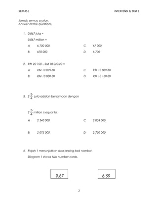 KERTAS 1 INTERVENSI 2/ SKST 1 
Jawab semua soalan. 
Answer all the questions. 
1. 0.067 juta = 
0.067 million = 
A 6 700 000 C 67 000 
B 670 000 D 6 700 
2. RM 20 100 – RM 10 020.20 = 
A RM 10 079.80 C RM 10 089.80 
B RM 10 080.80 D RM 10 180.80 
3. 2 
3 juta adalah bersamaan dengan 
4 
3 million is equal to 
2 
4 
A 2 340 000 C 2 034 000 
B 2 075 000 D 2 750 000 
4. Rajah 1 menunjukkan dua keping kad nombor. 
Diagram 1 shows two number cards. 
9.87 6.59 
2 
 