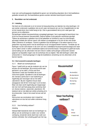23
meer een verhoudingsgewijs totaalbeeld te geven van de leerling-uitspraken die in het kwalitatieve
gedeelte verwerkt zijn. De kwantitatieve gevens worden derhalve beschrijvend verwerkt.
5. Resultaten van het onderzoek
5.1. Inleiding
Het doel van dit onderzoek is om te komen tot bewustwording van talenten bij vmbo-leerlingen. Uit
een eerder onderzoek is gebleken dat zij zich vaak niet bewust zijn van hun mogelijkheden en dat
zij het meeste leren door actief bezig te zijn. Ook is geconstateerd dat zij zich vaak geen tijd
gunnen om te reflecteren.
De leerlingen hebben keuzeworkshops voorgelegd gekregen; hen is gevraagd te beschrijven hoe
zij tot hun keuze kwamen (keuzemotief). Daarna hebben zij de gekozen workshops gevolgd.
Tijdens de workshops is gekeken hoe zij het beleefden en achteraf is naar hun bevindingen
gevraagd middels een learner report; ook hebben zij aangegeven of zij zich al dan niet verder
willen oriënteren of verdiepen. Tevens is gekeken hoe de leerlingen in de weken daarna in hun
gedachten nog bezig waren met de workshops en tot vervolgactiviteiten kwamen. Tenslotte zijn de
leerlingen na een serie lessen in de vorm van een 2 wekelijkse keuzecarrousel bevraagd over waar
zij hun talent verder in willen ontwikkelen tijdens de komende lessen. Paragraaf 5.2 geeft een korte
samenvatting van de uitkomsten met een indruk in welke verhoudingen antwoorden werden
gegeven op bepaalde vragen over de workshops die zij volgden. Niet alle leerlingen vulden alle
antwoorden in. Vanaf paragraag 5.4 volgt de kwalitatieve verwerking van de uitkomsten uit de
learner reports.
5.2. Kort overzicht evaluatie leerlingen
5.2.1. Motief van workshopkeuze
Figuur 1 geeft zicht op wat de motieven zijn van de
keuzes van de leerlingen. Bij ervaring wordt vaak
genoemd: op les zitten, of thuis wel eens
uitproberen (vaak door familielid die op een
instrument speelt). Opvallend is dat de leerlingen
die vriend(in) aankruisen in een toelichting er
regelmatig aan toevoegen dat ze het willen
uitproberen. Bij een negatieve keuze staat
aangegeven dat dit het ‘minst erge’ is om te doen.
Maar ook daar wordt regelmatig aan toegevoegd
dat men toch wel heel graag deze workshop doet
om diverse redenen, waaronder uitproberen. Dit
betekent dat er niet altijd een strikte scheiding zit in
de antwoorden. Vaak is het zowel het een als het
ander.
Wel kunnen we concluderen dat in totaal het
uitproberen en dus het zich willen oriënteren hoog
scoort.
5.2.2. Voor herhaling vatbaar?
Inleiding
Globaal blijkt tweederde deel van de leerlingen na
afloop van de workshops te voelen voor verdere
verdieping, terwijl één derde deel meer voelt voor
verdere oriëntatie. Een enkeling geeft aan het nog
23
119
20
18
13
Keuzemotief
vriend(in)
uitproberen
neg. keuze
ervaring
anders
108
55
8
Voor herhaling
vatbaar?
ja
nee
weet niet
 