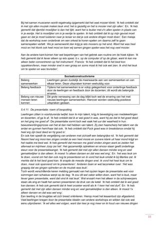 33
Bij het samen musiceren wordt regelmatig opgemerkt dat het veel mooier klinkt: ‘Ik heb ontdekt dat
ik met zijn allen muziek maken leuk vind; het is gezellig en het is mooier met zijn allen’. En: ‘Ik heb
gemerkt dat djembé moeilijker is dan het lijkt, want het is leuker met z'n allen spelen in plaats van
in je eentje. Het is moeilijker om in je eentje te spelen. Ik heb ontdekt dat ik op mijn gevoel moet
gaan en dat je moet luisteren naar je leraar en dat je ook andere dingen moet doen’. Een meisje
dat de workshop even onderbrak om een orkest te horen spelen om daarna zelf te gaan
samenspelen vertelt: ‘Als je samenwerkt dan krijg je iets mooiers op het eind. Want het was heel
mooi en het klonk ook heel mooi en toen wij samen gingen spelen was het nog veel mooier.
Aan de andere kant komen hier wel beperkingen van het gebrek aan routine om de hoek kijken: ‘Ik
heb gemerkt dat ik liever alleen op iets speel, b.v. op de computer of op de gitaar, want ik kan me
alleen beter concentreren op het instrument’. Francis: ‘Ik heb ontdekt dat ik het best kon
oppakken/leren, maar minder snel in een groep en soms moet ik het ook wel zien. Ik vind het leuk
om te spelen en was tevreden’.
Sociaalconstructivisme
Belang
samenwerken
Leerlingen geven duidelijk de meerwaarde aan van samenwerken en van
elkaar leren. Deze uitspraken komen veelvuldig voor.
Belang feedback Tijdens het samenwerken is er volop gelegenheid voor onderlinge feedback
door de leerlingen en feedback door de docenten; dit wordt als belangrijk
ervaren.
Belang van nieuwe
mensen leren
kennen
Dé grote verrassing van de dag blijkt toch wel de ervaring van het met
nieuwe leerlingen samenwerken. Hierover worden veelvuldig positieve
uitspraken gedaan.
5.4.11. De presentatie: roem of bespotting
Leerlingen zitten in voortdurende twijfel: toon ik mijn talent, krijg ik bevestiging van medeleerlingen
en docenten, of ga ik af. ‘Ik heb ontdekt dat ik er wel goed in was, want hij zei dat ik het goed deed
en het ging me goed af’. De presentatie vormt toch wel vaak het uur der waarheid in hun
bewustwordingsproces van het al dan niet hebben van talent. Zij zien haarscherp het talent van de
ander en gunnen hem/haar dat ook. ‘Ik heb ontdekt dat Puck goed was in breakdance omdat hij
heel erg zijn best deed en hij goed is’.
En ook hier speelt de vergelijking van anderen met zichzelf een belangrijke rol. ‘Ik heb gemerkt dat
Naomi heel erg mooi kan zingen omdat ze een heel mooie en zuivere klank uit haar mond krijgt en
het raakte me best wel. Ik heb gemerkt dat mensen me goed vinden zingen want ze zeiden het
allemaal en mijnheer Joop zei het’. Het gezamenlijk optrekken en ervoor staan geeft onderlinge
steun voor de presentatieangst: ‘Ik heb gemerkt dat met zijn allen dansen minder eng en veel
gemakkelijker is dan alleen. Ik moest 1x alleen dansen en dat was wel eng’. En: ‘het was leuk om
te doen, vooral om het dan ook nog te presenteren en ik vond het leuk omdat ik bij Marlies zat. Ik
merkte dat ik het best goed kan. Ik snapte de meeste dingen snel. Ik vond het heel leuk om te
doen, maar ook spannend om te presenteren’. Anderen doen er wat laconieker over: ‘Het was
grappig dat we gingen optreden en de muziek was leuk’.
Toch wordt verschillende keren melding gemaakt van het opzien tegen de presentatie wat voor
sommigen een schaduw werpt op de dag: ‘Ik zou dit wel vaker willen doen, want het is leuk, maar
liever geen presentatie, want dat vind ik niet leuk’. Wel ervaart men het alleen in de schijnwerpers
staan als eng en haalt het samen presenteren de druk van de ketel: ‘Ik heb ontdekt dat ik wel goed
kan dansen; ik heb ook gemerkt dat ik heel onzeker wordt als ik 1 keer het niet durf’. En: ‘Ik heb
gemerkt dat met zijn allen dansen minder eng en veel gemakkelijker is dan alleen. Ik moest 1x
alleen dansen en dat was wel eng’.
Een leerling in de brugklas wil zich breed oriënteren. Hierop moet het lesaanbod zijn afgestemd.
Veel leerlingen kregen door de presentatie ideeën van andere workshops en wilden dat ook wel
eens uitproberen: ‘Ik wil alles wel volgen, want dan leer je nog meer en ik houd van nieuwe dingen
 