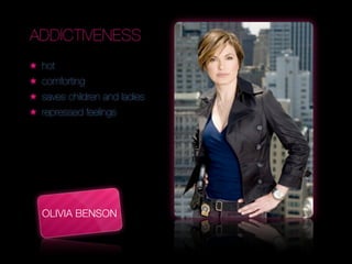 ADDICTIVENESS
★ hot
★ comforting
★ saves children and ladies
★ repressed feelings

                              Text




    OLIVIA BENSON
 