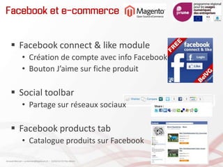 Facebook et e-commerce
 Facebook connect & like module
• Création de compte avec info Facebook
• Bouton J’aime sur fiche produit
 Social toolbar
• Partage sur réseaux sociaux
 Facebook products tab
• Catalogue produits sur Facebook
Arnaud Mercier – a-mercier@kapsicum.fr – 13/02/12 CCI Pau Béarn
 