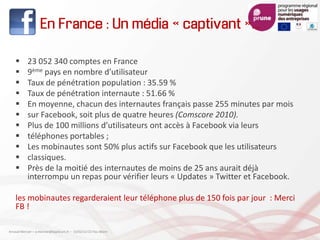 En France : Un média « captivant »…
 23 052 340 comptes en France
 9ème pays en nombre d’utilisateur
 Taux de pénétration population : 35.59 %
 Taux de pénétration internaute : 51.66 %
 En moyenne, chacun des internautes français passe 255 minutes par mois
 sur Facebook, soit plus de quatre heures (Comscore 2010).
 Plus de 100 millions d’utilisateurs ont accès à Facebook via leurs
 téléphones portables ;
 Les mobinautes sont 50% plus actifs sur Facebook que les utilisateurs
 classiques.
 Près de la moitié des internautes de moins de 25 ans aurait déjà
interrompu un repas pour vérifier leurs « Updates » Twitter et Facebook.
les mobinautes regarderaient leur téléphone plus de 150 fois par jour : Merci
FB !
Arnaud Mercier – a-mercier@kapsicum.fr – 13/02/12 CCI Pau Béarn
 