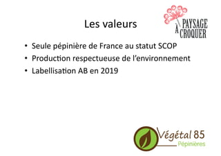 Les	
  valeurs	
  
•  Seule	
  pépinière	
  de	
  France	
  au	
  statut	
  SCOP	
  
•  Produc.on	
  respectueuse	
  de	
  l’environnement	
  
•  Labellisa.on	
  AB	
  en	
  2019	
  
 