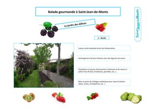 Le	
  jardin	
  des	
  délices	
  
Balade	
  gourmande	
  à	
  Saint-­‐Jean-­‐de-­‐Monts	
  
1	
  -­‐	
  Accès	
  
Liaison	
  verte	
  existante	
  entre	
  les	
  lo.ssements.	
  
Planta.ons	
  le	
  long	
  du	
  cheminement,	
  d’arbustes	
  et	
  de	
  vivaces	
  à	
  
pe.ts	
  fruits	
  (fraises,	
  framboises,	
  groseilles,	
  etc…).	
  
Mise	
  en	
  place	
  de	
  treillages	
  métalliques	
  pour	
  lianes	
  frui.ères	
  
(kiwis,	
  mûres,	
  christophines,	
  etc…).	
  
Aménagement	
  de	
  bacs	
  linéaires	
  pour	
  des	
  légumes	
  de	
  saison.	
  
 