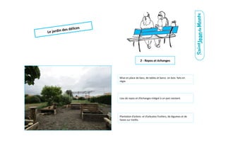 Le	
  jardin	
  des	
  délices	
  
Mise	
  en	
  place	
  de	
  bacs,	
  de	
  tables	
  et	
  bancs	
  	
  en	
  bois	
  	
  faits	
  en	
  
régie.	
  
Lieu	
  de	
  repos	
  et	
  d’échanges	
  intégré	
  à	
  un	
  parc	
  existant.	
  
Planta.on	
  d’arbres	
  	
  et	
  d’arbustes	
  frui.ers,	
  de	
  légumes	
  et	
  de	
  
lianes	
  sur	
  treillis.	
  
2	
  -­‐	
  Repos	
  et	
  échanges	
  
 