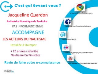C'est qui devant vous ?
                                                www.nautisme-finistere.com
   Jacqueline Quardon
  Animatrice Numérique de Territoire
      PAS INFORMATICIENNE                 Facebook.com/nautisme.finistere


      ACCOMPAGNE
LES ACTEURS DU NAUTISME                Twitter.com/Nef29


     Installée à Quimper
     + 20 années salariée                 Flickr.com/people/nautismefinistere
     Nautisme En Finistère

Ravie de faire votre e-connaissance           www.youtube.com/user/NAUTISMEFINISTERE
 