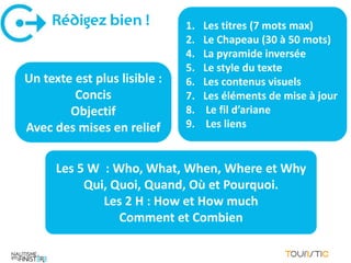 Rédigez bien !           1.   Les titres (7 mots max)
                              2.   Le Chapeau (30 à 50 mots)
                              4.   La pyramide inversée
                              5.   Le style du texte
Un texte est plus lisible :   6.   Les contenus visuels
         Concis               7.   Les éléments de mise à jour
        Objectif              8.    Le fil d’ariane
Avec des mises en relief      9.    Les liens


      Les 5 W : Who, What, When, Where et Why
           Qui, Quoi, Quand, Où et Pourquoi.
              Les 2 H : How et How much
                 Comment et Combien
 