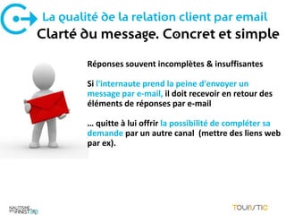 La qualité de la relation client par email
Clarté du message. Concret et simple
        Réponses souvent incomplètes & insuffisantes

        Si l'internaute prend la peine d'envoyer un
        message par e-mail, il doit recevoir en retour des
        éléments de réponses par e-mail

        … quitte à lui offrir la possibilité de compléter sa
        demande par un autre canal (mettre des liens web
        par ex).
 