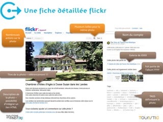 Une fiche détaillée flickr

                                            Plusieurs tailles pour la
                                                 même photo
  Nombreuses                                                            Nom du compte
  actions sur la
      photo




                                                                            Galerie de XXXX



                                                                                         Fait partie de
                                                                                         l’album YYYY
    Titre de la photo – référencement !!!




Description de
  la photo –                                                                                 TAGS
  possibilité                                                                            définissant la
 d’intégrer un                                                                               photo
  lien HTML
 