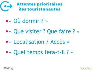 Attentes prioritaires
     des touristonautes

•« Où dormir ? »
•« Que visiter ? Que faire ? »
•« Localisation / Accès »
•« Quel temps fera-t-il ? »
 
