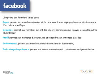 Comprend des fonctions telles que :
Pages permet aux membres de créer et de promouvoir une page publique construite autour
d'un thème spécifique
Groupes permet aux membres qui ont des intérêts communs pour trouver les uns les autres
et d'interagir
Profil permet aux membres d'afficher, lire et répondre aux annonces classées

Evénements permet aux membres de faire connaître un événement,

Technologie de présence permet aux membres de voir quels contacts sont en ligne et de chat
 