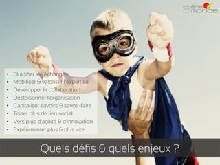 • 
• 
• 
• 
• 
• 
• 
• 

Fluidiﬁer les échanges
Mobiliser & valoriser l’expertise
Développer la collaboration
Décloisonner...