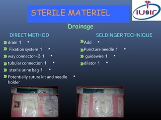 STERILE MATERIEL
                                    Drainage
DIRECT METHOD                                  SELDINGER TECHNIQUE
drain 1                                 Add    
Fixation system 1                       Puncture needle 1   
way connector-3 1                        guidewire 1 
tubular connection 1                    dilator 1   
sterile urine bag 1    
Potentially suture kit and needle    
holder
 