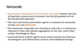 Varicocele
• Percutaneous therapeutic intervention for varicocele involves injection
of hypertonic glucose and a sclerosant into the left gonadal vein via
the transfemoral approach.
• The most commonly used embolic agents in treatment of varicoceles
include coils and sclerosants.
• The mechanism of gonadal vein thrombosis with coils is a mechanical
reduction in flow, with platelet aggregation on the coils, which often
contain thrombogenic fibers.
• Liquid sclerosant embolic agents cause vessel occlusion by inducing a
thrombogenic and inflammatory reaction and endothelial damage.
 