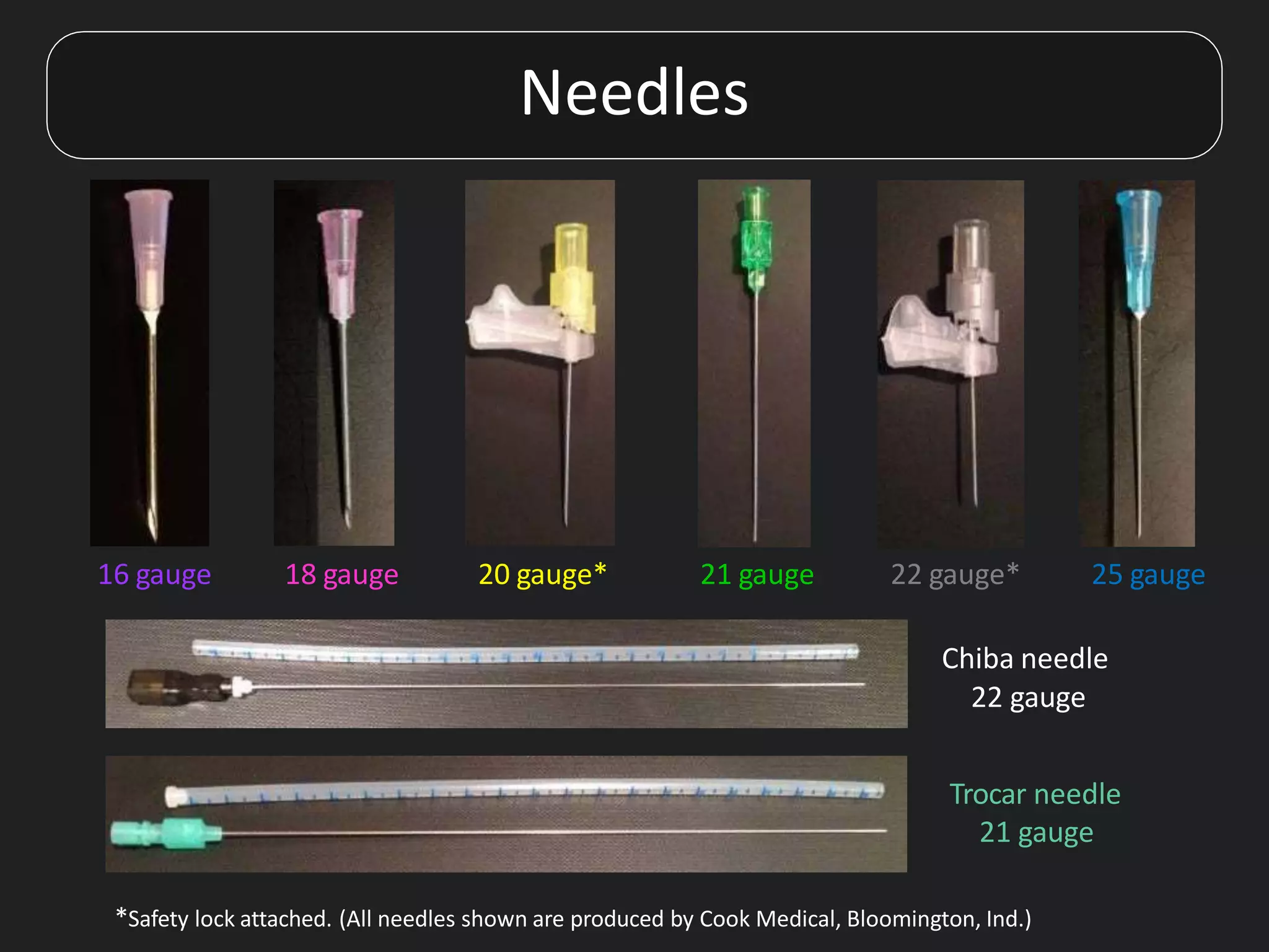 Needles
16 gauge 18 gauge 20 gauge* 21 gauge 22 gauge* 25 gauge
Chiba needle
22 gauge
Trocar needle
21 gauge
*Safety lock attached. (All needles shown are produced by Cook Medical, Bloomington, Ind.)
 