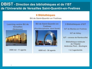 3
6 Bibliothèques
BU de Saint-Quentin en Yvelines
Learning centre BU de
Versailles
(Sciences)
3500 m2 - 11 agents
BU de Sa...