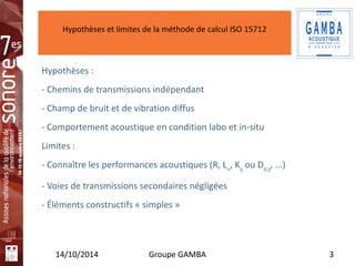 Hypothèses et limites de la méthode de calcul ISO 15712 
Hypothèses : 
- Chemins de transmissions indépendant 
- Champ de bruit et de vibration diffus 
- Comportement acoustique en condition labo et in-situ 
Limites : 
- Connaître les performances acoustiques (R, Ln, Kij ou DV,ij, ...) 
- Voies de transmissions secondaires négligées 
- Éléments constructifs « simples » 
Insérez 
votre 
logo ici 
14/10/2014 Groupe GAMBA 3 
 