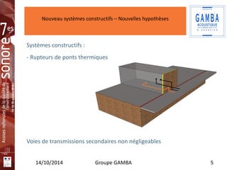 Nouveau systèmes constructifs – Nouvelles hypothèses 
Insérez 
votre 
logo ici 
Systèmes constructifs : 
- Rupteurs de ponts thermiques 
Voies de transmissions secondaires non négligeables 
14/10/2014 Groupe GAMBA 5 
 