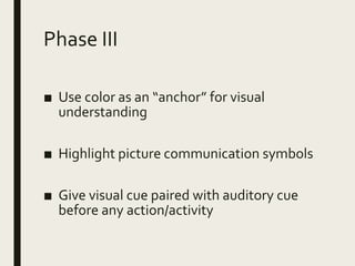 Phase III
■ Use color as an “anchor” for visual
understanding
■ Highlight picture communication symbols
■ Give visual cue paired with auditory cue
before any action/activity
 