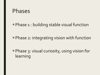 Phases
Phase 1 : building stable visual function
Phase 2: integrating vision with function
Phase 3: visual curiosity, using vision for
learning
 