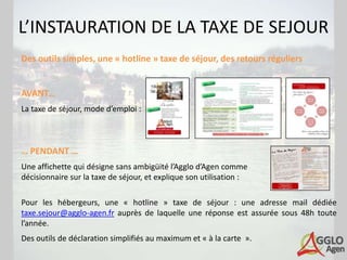 L’INSTAURATION DE LA TAXE DE SEJOUR
Des outils simples, une « hotline » taxe de séjour, des retours réguliers


AVANT…
La taxe de séjour, mode d’emploi :



… PENDANT …
Une affichette qui désigne sans ambigüité l’Agglo d’Agen comme
décisionnaire sur la taxe de séjour, et explique son utilisation :

Pour les hébergeurs, une « hotline » taxe de séjour : une adresse mail dédiée
taxe.sejour@agglo-agen.fr auprès de laquelle une réponse est assurée sous 48h toute
l’année.
Des outils de déclaration simplifiés au maximum et « à la carte ».
 