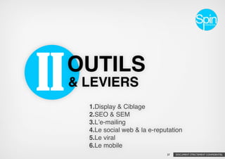 II   OUTILS
     & LEVIERS
       1.Display & Ciblage
       2.SEO & SEM
       3.Lʼe-mailing
       4.Le social web & la e-reputation
       5.Le viral
       6.Le mobile
                                  37   DOCUMENT STRICTEMENT CONFIDENTIEL
 