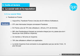 II. Outils et leviers
4. Le social web et lʼe-reputation

  4.1) Le social Web
      Facebook en France

           Aujourdʼhui, Facebook France cʼest plus de 24 millions dʼutilisateurs.

           97% des internautes français connaissent Facebook

           En France, plus de 75% des utilisateurs < 36 ans, 51% de femmes

           66% des Facebookeurs français se connecte chaque jour et y passe plus de 4
           heures par mois (5h56 en moyenne)

           Un membre a 130 amis en moyenne.

           70% des utilisateurs utilisent une application.

           La durée moyenne dʼune connexion à une application par jour est de 11min, 13
           pour les quiz




                                                                                    54   DOCUMENT STRICTEMENT CONFIDENTIEL
 