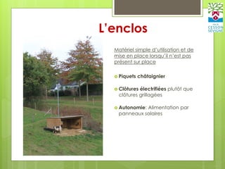 L’enclos
Matériel simple d’utilisation et de
mise en place lorsqu’il n’est pas
présent sur place
 Piquets châtaignier
 Clôtures électrifiées plutôt que
clôtures grillagées
 Autonomie: Alimentation par
panneaux solaires
 