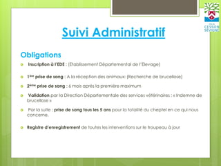 Suivi Administratif
Obligations
 Inscription à l’EDE : (Etablissement Départemental de l’Elevage)
 1ère prise de sang : A la réception des animaux: (Recherche de brucellose)
 2ème prise de sang : 6 mois après la première maximum
 Validation par la Direction Départementale des services vétérinaires : « Indemne de
brucellose »
 Par la suite : prise de sang tous les 5 ans pour la totalité du cheptel en ce qui nous
concerne.
 Registre d’enregistrement de toutes les interventions sur le troupeau à jour
 