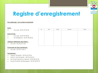 Registre d’enregistrement
Eco-pâturage : Les numéros importants
E.D.E :
 - Accueil : 02 96 79 22 26
D.D.S.P.P.35 :
 - Accueil : 02 99 59 89 00
 - Mr MASSICOT : 02 99 59 89 05
Clinique Vétérinaire des Faluns :
 Accueil : 02 23 25 27 20
Ecomusée du Pays de Rennes :
 Accueil : 02 99 51 38 15
Fournisseurs :
 Végam (Acigné) : 02 99 62 53 26
 Gamm Vert (Acigné) : 02 99 62 20 21
 Ovi Ouest (Noyal sur Vilaine) : 02 99 00 53 35
 Gruel (Chartres de Bretagne) : 02 99 52 83 79
 