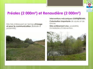 Préales (2 000m²) et Renaudière (2 000m²)
Site très intéressant en termes d’image
et pour la communication (Balade à
proximité).
- Interventions mécaniques complexes.
- Colonisation importante de saules et de
ronces.
- Sites entièrement clos, possibilités
immédiates d’intervention.
 