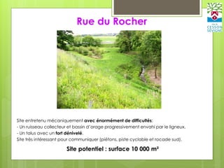 Rue du Rocher
Site potentiel : surface 10 000 m²
- Site entretenu mécaniquement avec énormément de difficultés:
- - Un ruisseau collecteur et bassin d’orage progressivement envahi par le ligneux.
- - Un talus avec un fort dénivelé.
- Site très intéressant pour communiquer (piétons, piste cyclable et rocade sud).
 