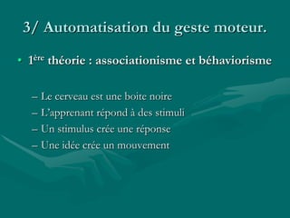 3/ Automatisation du geste moteur.
• 1ère théorie : associationisme et béhaviorisme
– Le cerveau est une boite noire
– L’apprenant répond à des stimuli
– Un stimulus crée une réponse
– Une idée crée un mouvement
 