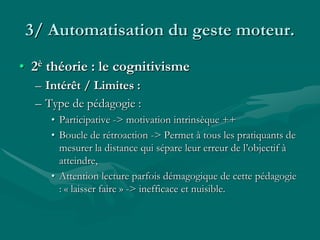 3/ Automatisation du geste moteur.
• 2è théorie : le cognitivisme
– Intérêt / Limites :
– Type de pédagogie :
• Participative -> motivation intrinsèque ++
• Boucle de rétroaction -> Permet à tous les pratiquants de
mesurer la distance qui sépare leur erreur de l’objectif à
atteindre,
• Attention lecture parfois démagogique de cette pédagogie
: « laisser faire » -> inefficace et nuisible.
 