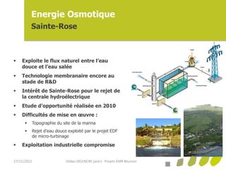 Energie Osmotique
          Sainte-Rose



   Exploite le flux naturel entre l’eau
    douce et l’eau salée
   Technologie membranaire encore au
    stade de R&D
   Intérêt de Sainte-Rose pour le rejet de
    la centrale hydroélectrique
   Etude d’opportunité réalisée en 2010
   Difficultés de mise en œuvre :
            Topographie du site de la marina
            Rejet d’eau douce exploité par le projet EDF
             de micro-turbinage

   Exploitation industrielle compromise


27/11/2012                    Gildas DELENCRE (arer) - Projets EMR Réunion
 