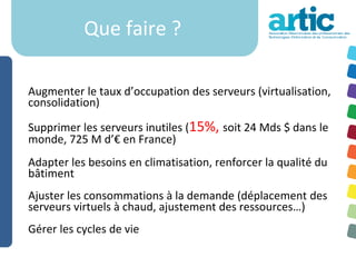 Que faire ?

Augmenter le taux d’occupation des serveurs (virtualisation,
consolidation)

Supprimer les serveurs inutiles (15%, soit 24 Mds $ dans le
monde, 725 M d’€ en France)
Adapter les besoins en climatisation, renforcer la qualité du
bâtiment
Ajuster les consommations à la demande (déplacement des
serveurs virtuels à chaud, ajustement des ressources…)
Gérer les cycles de vie
 